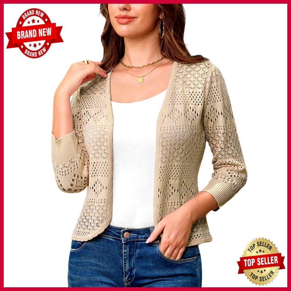 Lightweight Cropped Cardigan 3/4 Sleeve Open Front Hollow Out Knit